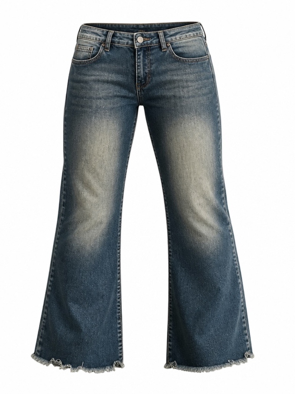 Mid Wash Flare Jeans for Women — Distressed Hem
